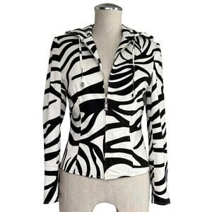Vintage 90s Y2K Zebra Print Hooded Jacket Zip Front Sandra Petite Size 4 Retro